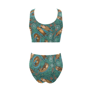 cute brown sea otters ornamental seaweed corals gr Chest Bowknot High Waisted Bikini Swimsuit