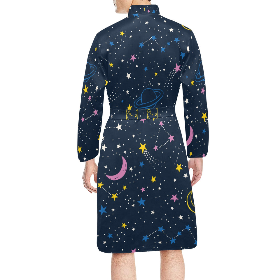 space pattern with planets, comets, constellations Men's Long Sleeve Belted Night Robe