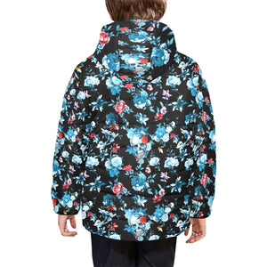 Skull flower roses leave pattern Kids' Boys' Girls' Padded Hooded Jacket