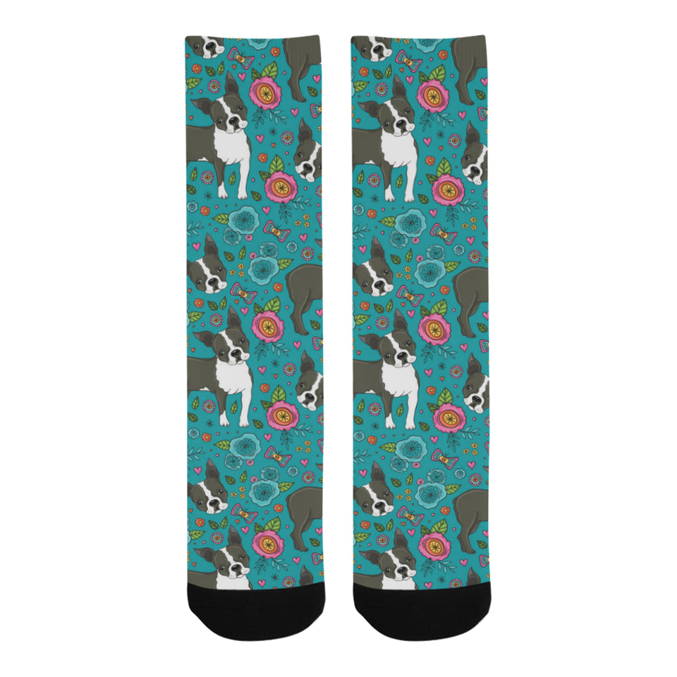 Boston terrier beautiful flower pattern Crew Socks