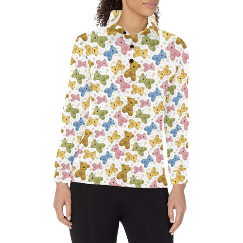 Teddy Bear Pattern Print Design 01 Women's Long Sleeve Polo Shirt