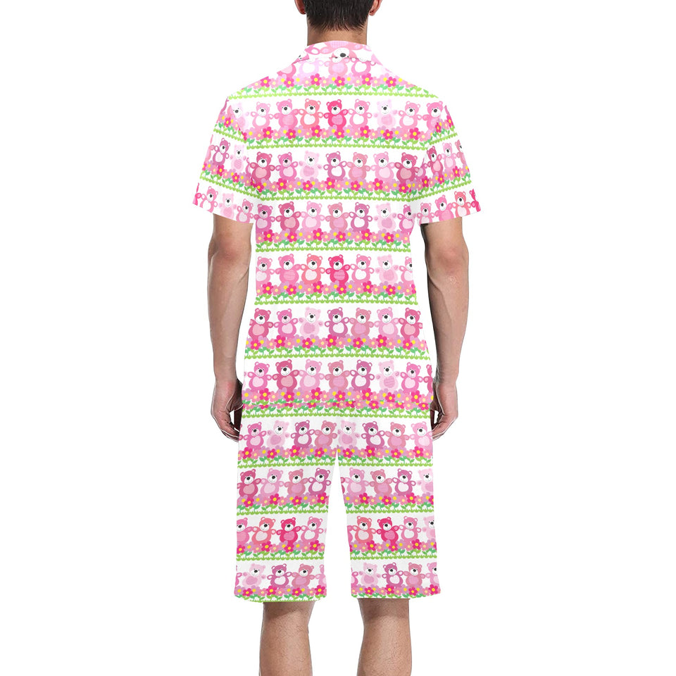 Teddy Bear Pattern Print Design 04 Men's V-Neck Short Pajama Set