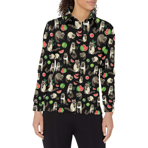 Raccoon watermelon pattern Women's Long Sleeve Polo Shirt
