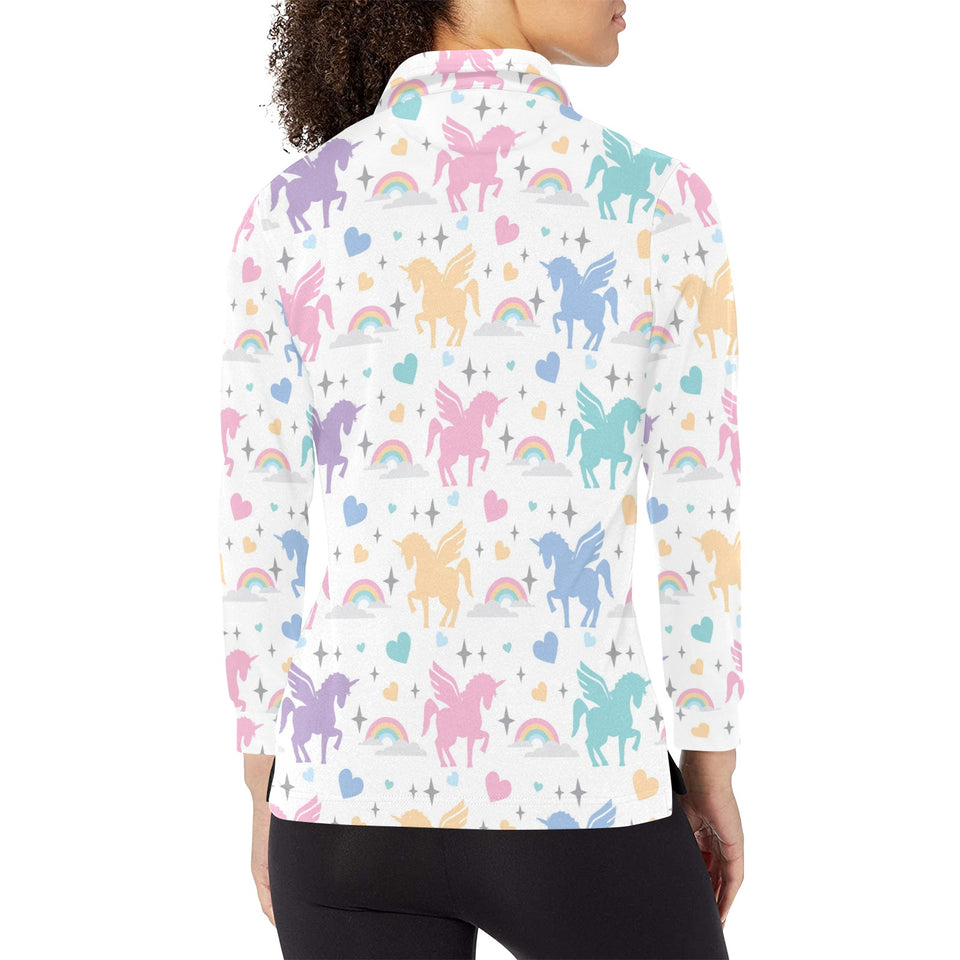 colorful unicorn rainbow heart pattern Women's Long Sleeve Polo Shirt