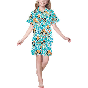 Cute sea otters fishe sea urchin pattern Kids' Boys' Girls' V-Neck Short Pajama Set