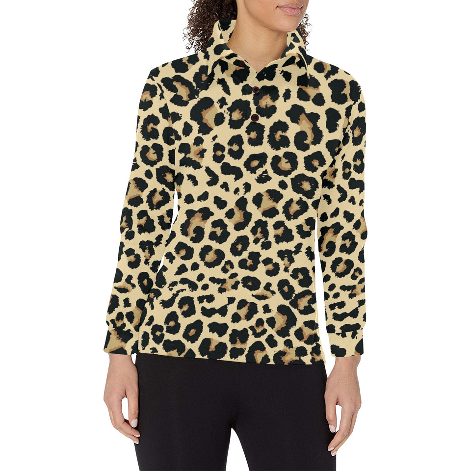 Leopard print design pattern Women's Long Sleeve Polo Shirt