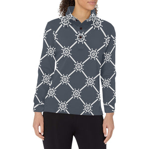 nautical steering wheel rope pattern Women's Long Sleeve Polo Shirt