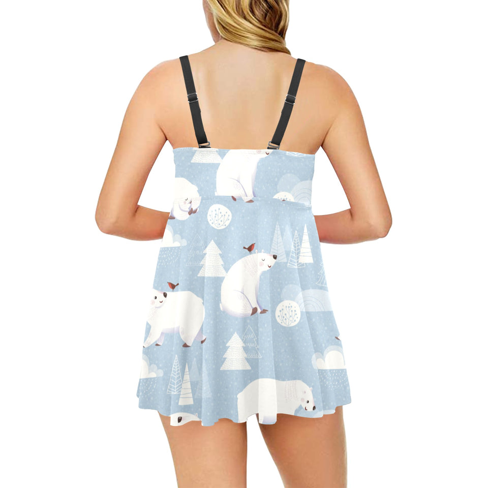 Cute polar bears Christmas decoration pattern Chest Sexy Pleated Two Piece Swim Dress