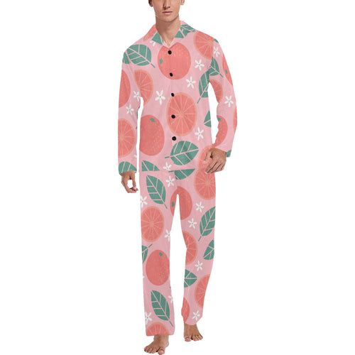 Grapefruit leaves flower pink background Men's Long Pajama Set