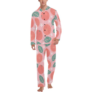 Grapefruit leaves flower pink background Men's Long Pajama Set
