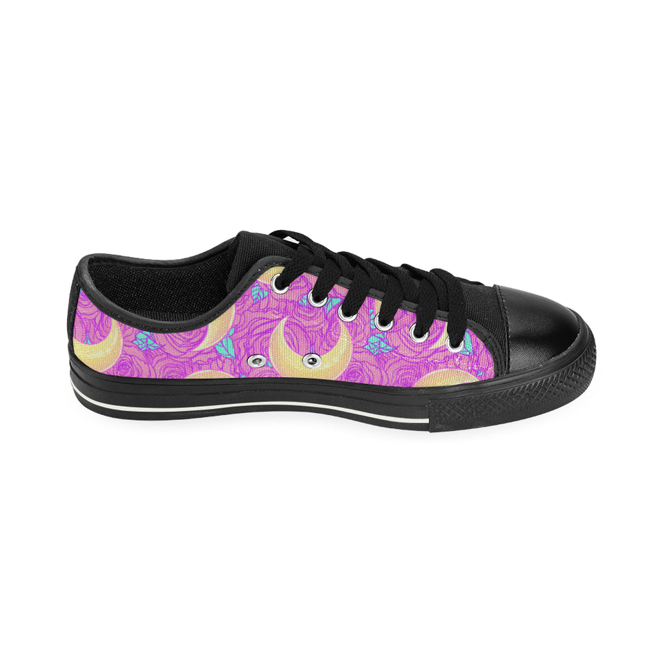 Moon pink rose background Men's Low Top Canvas Shoes Black