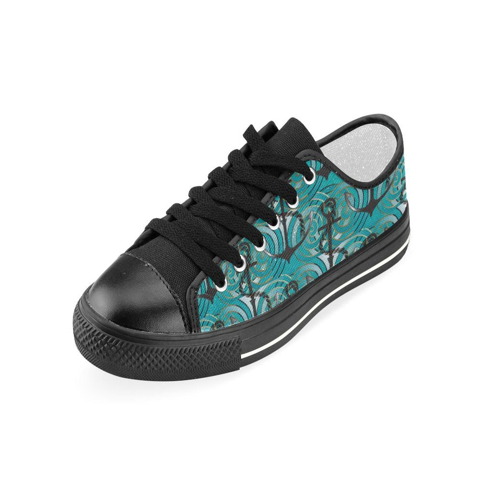 Anchor nautical green background Kids' Boys' Girls' Low Top Canvas Shoes Black