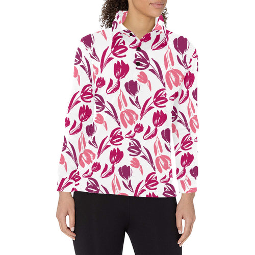 pink sketch tulip pattern Women's Long Sleeve Polo Shirt