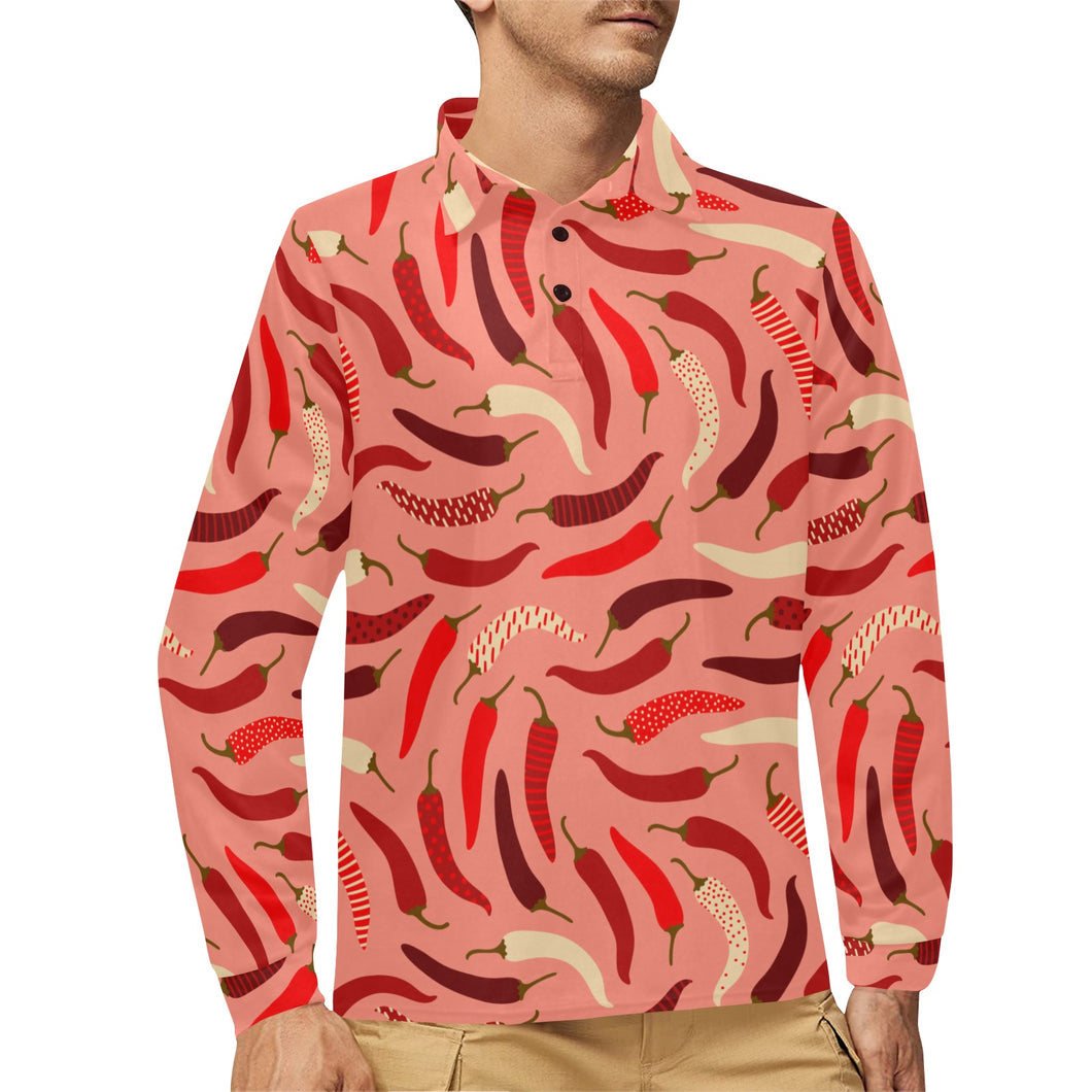 Beautiful Chili peppers pattern Men's Long Sleeve Polo Shirt
