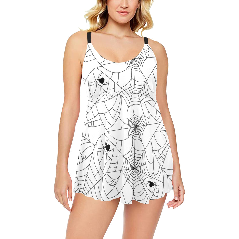 Spider web cobweb pattern white background Chest Sexy Pleated Two Piece Swim Dress