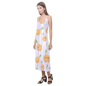 cute onions smiling faces purple background V-Neck Open Fork Long Dress