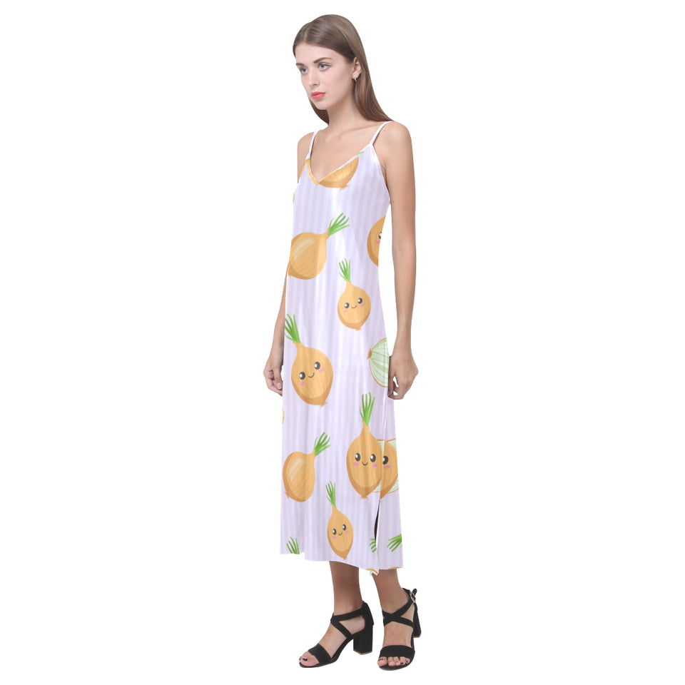 cute onions smiling faces purple background V-Neck Open Fork Long Dress