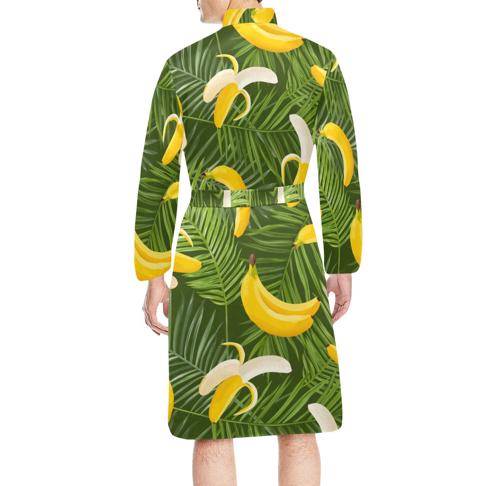 Banana Palm Leaves pattern Men's Long Sleeve Belted Night Robe