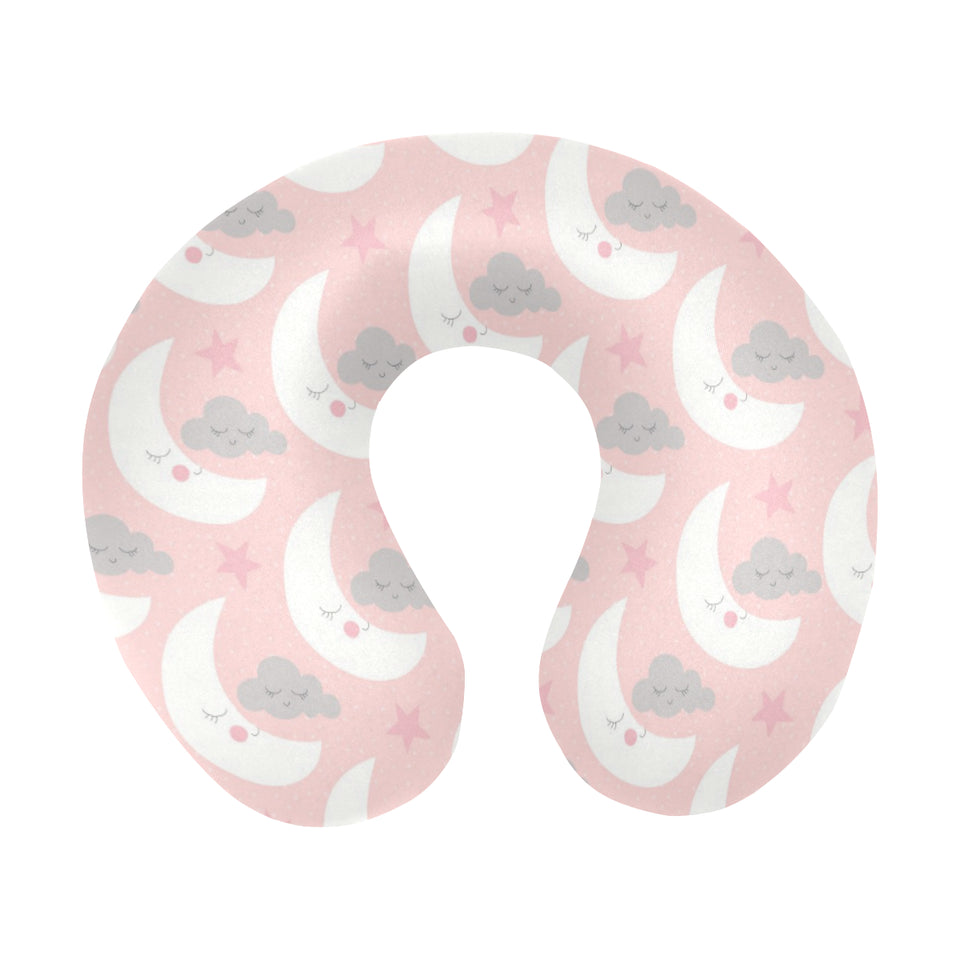 Cute moon cloud star pattern pink dot background U-Shaped Travel Neck Pillow