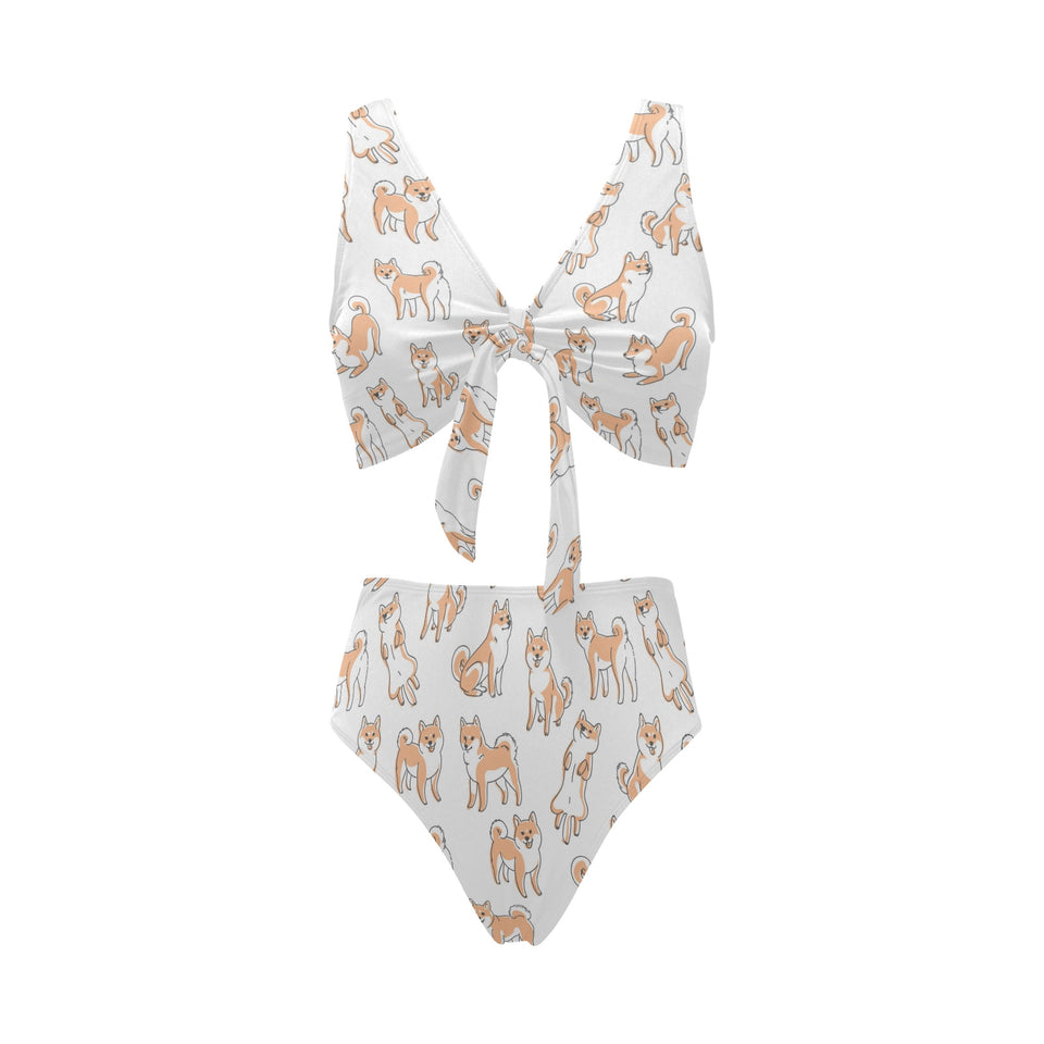 shiba inu dog pattern Chest Bowknot High Waisted Bikini Swimsuit