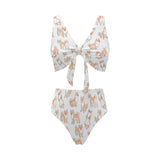 shiba inu dog pattern Chest Bowknot High Waisted Bikini Swimsuit