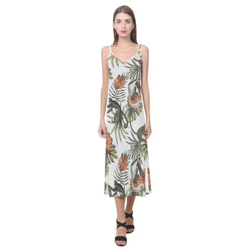 Monkey red hibiscus flower palm leaves floral patt V-Neck Open Fork Long Dress
