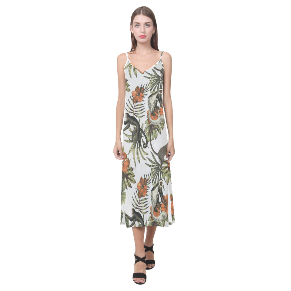 Monkey red hibiscus flower palm leaves floral patt V-Neck Open Fork Long Dress