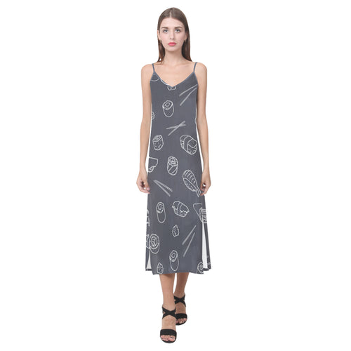 sushi pattern black background V-Neck Open Fork Long Dress