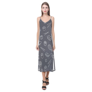 sushi pattern black background V-Neck Open Fork Long Dress