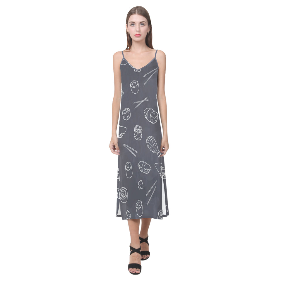 sushi pattern black background V-Neck Open Fork Long Dress