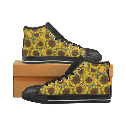 Sunflower pattern Women's High Top Canvas Shoes Black