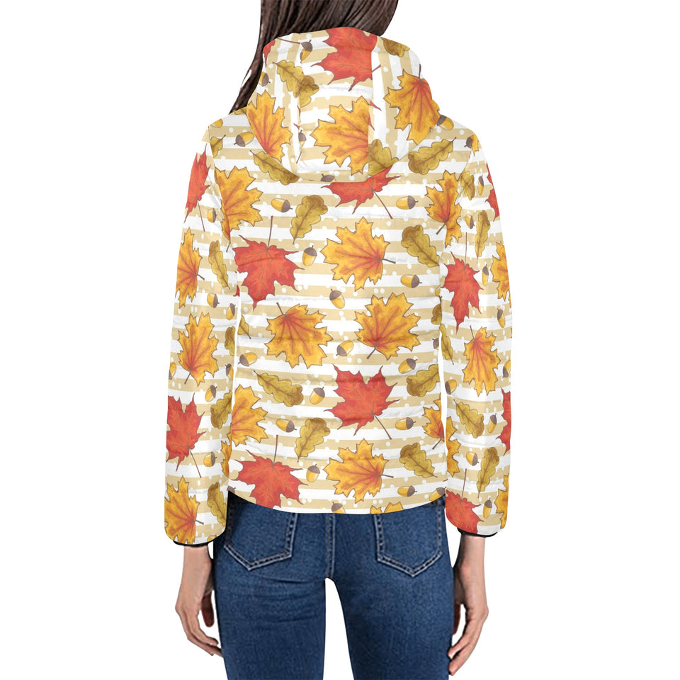 Maple leaf oak leaf acorns beige striped backgroun Women's Padded Hooded Jacket