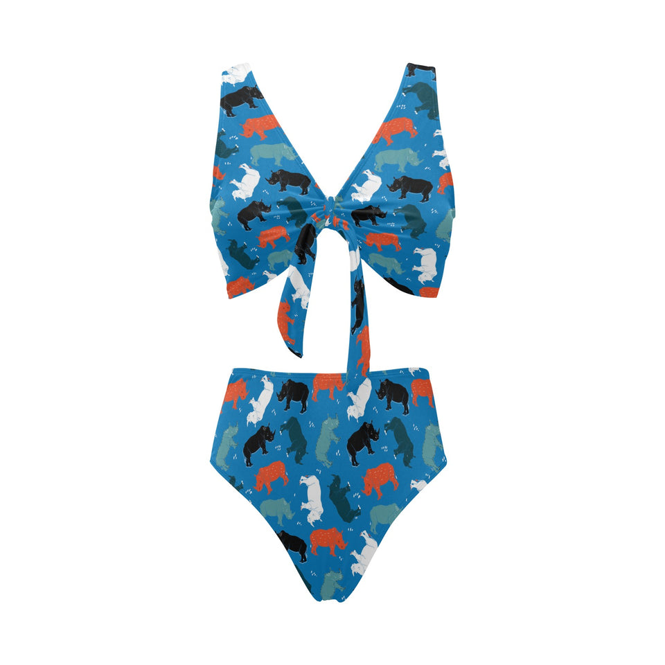 Colorful rhino pattern Chest Bowknot High Waisted Bikini Swimsuit