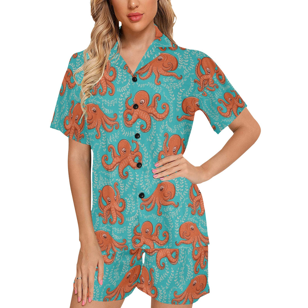 Octopus turquoise background Women's V-Neck Short Pajama Set