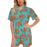 Octopus turquoise background Women's V-Neck Short Pajama Set