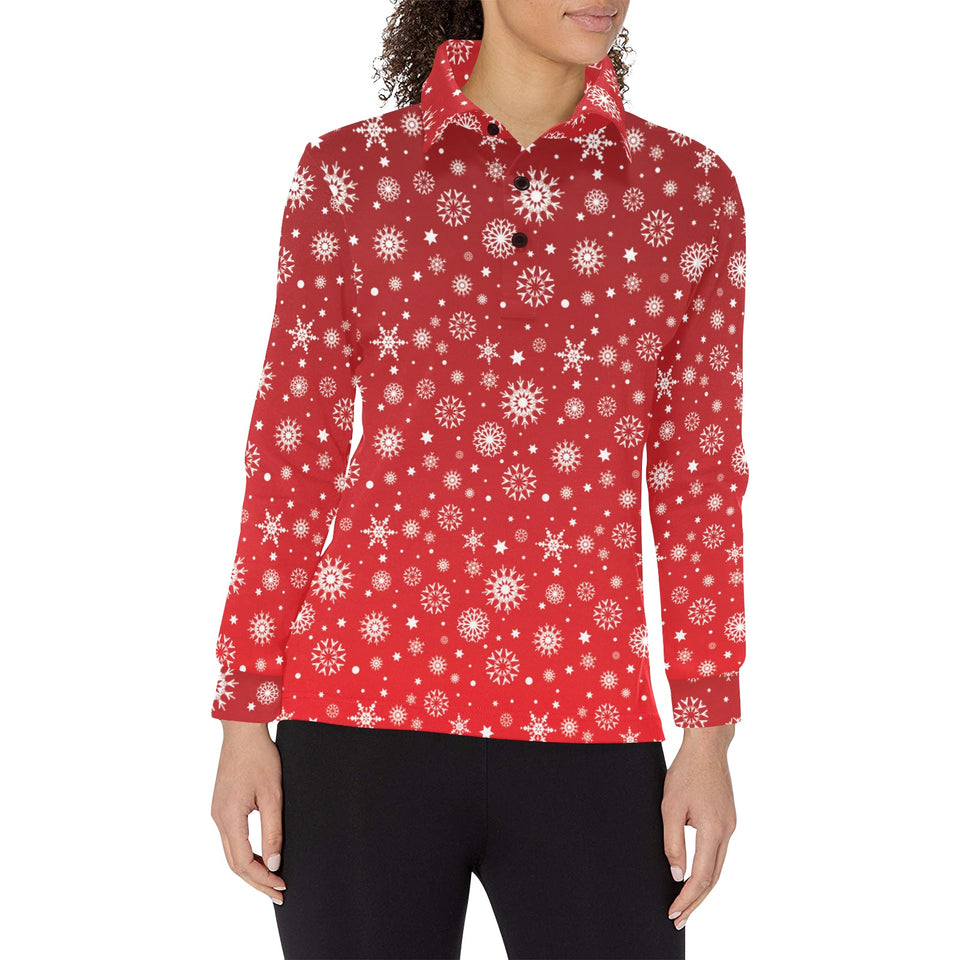 Snowflake pattern red background Women's Long Sleeve Polo Shirt