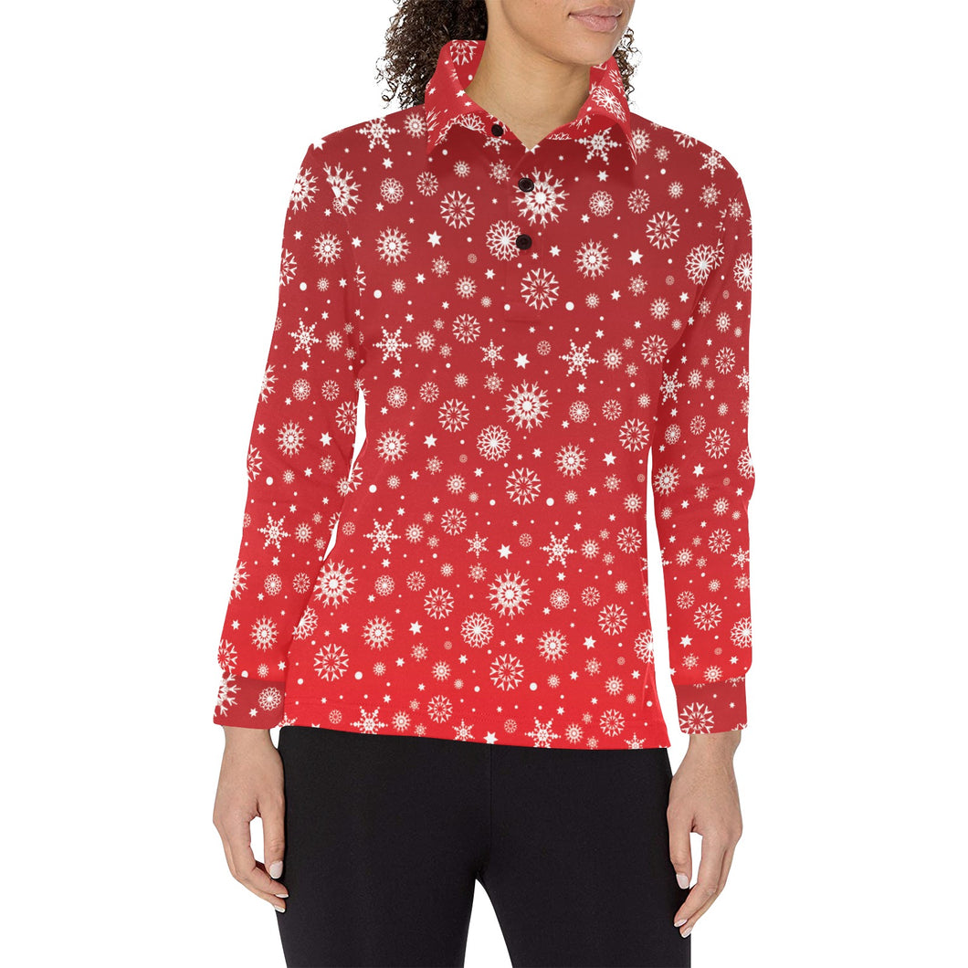 Snowflake pattern red background Women's Long Sleeve Polo Shirt