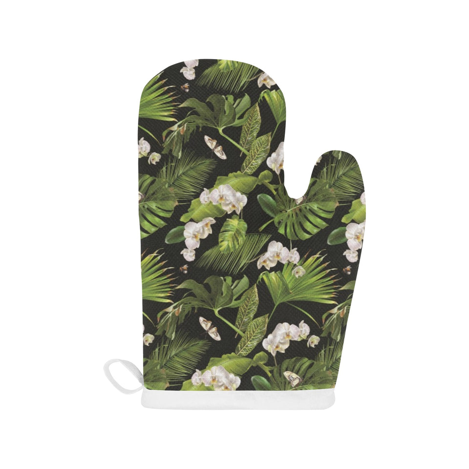 White orchid flower tropical leaves pattern blackg Heat Resistant Oven Mitts