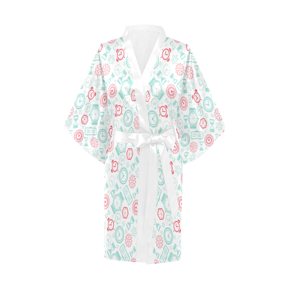 Clock time pattern blackground Women's Short Kimono Robe