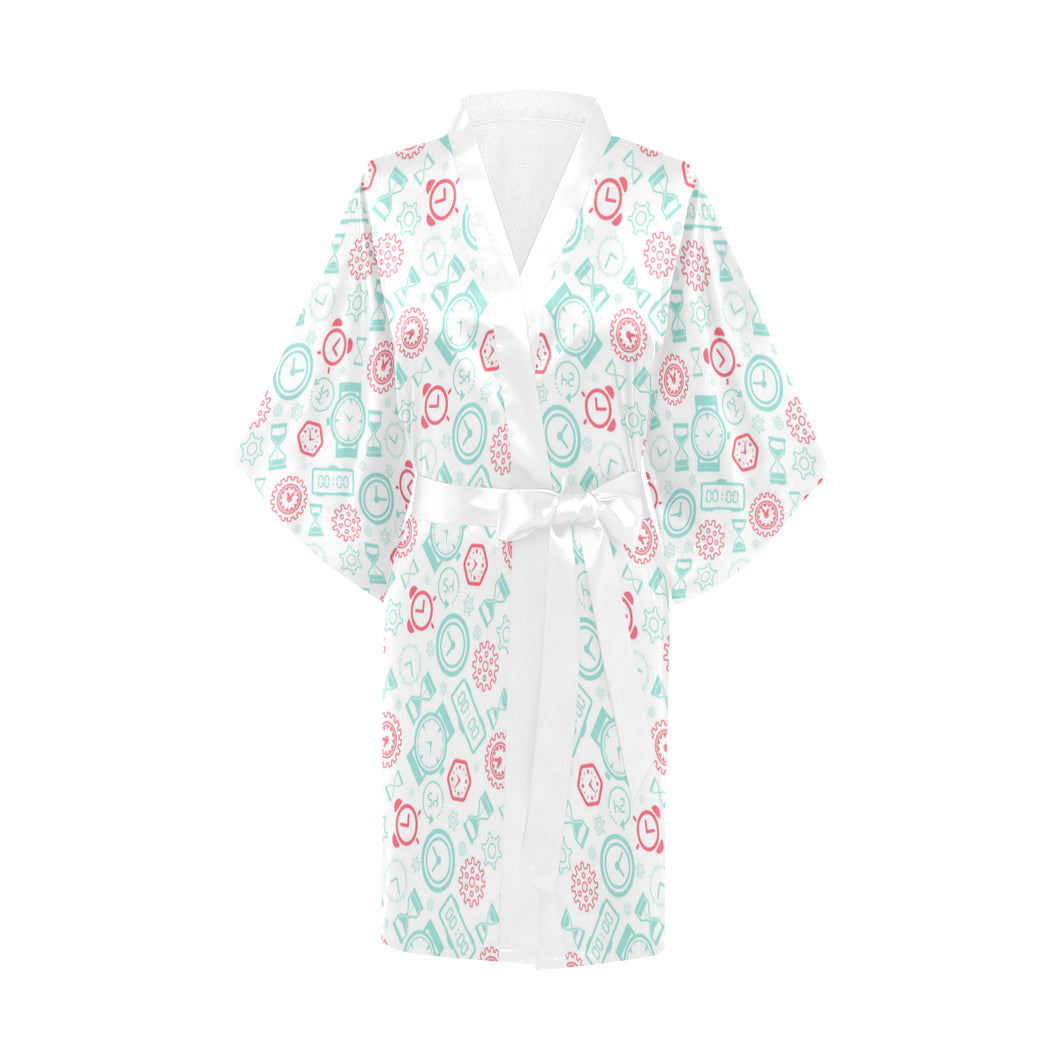 Clock time pattern blackground Women's Short Kimono Robe