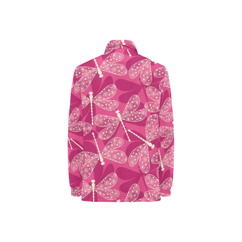 Beautiful dragonfly pink background Women's Long Sleeve Polo Shirt