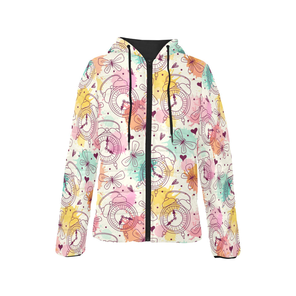 Clock butterfly pattern Women's Padded Hooded Jacket