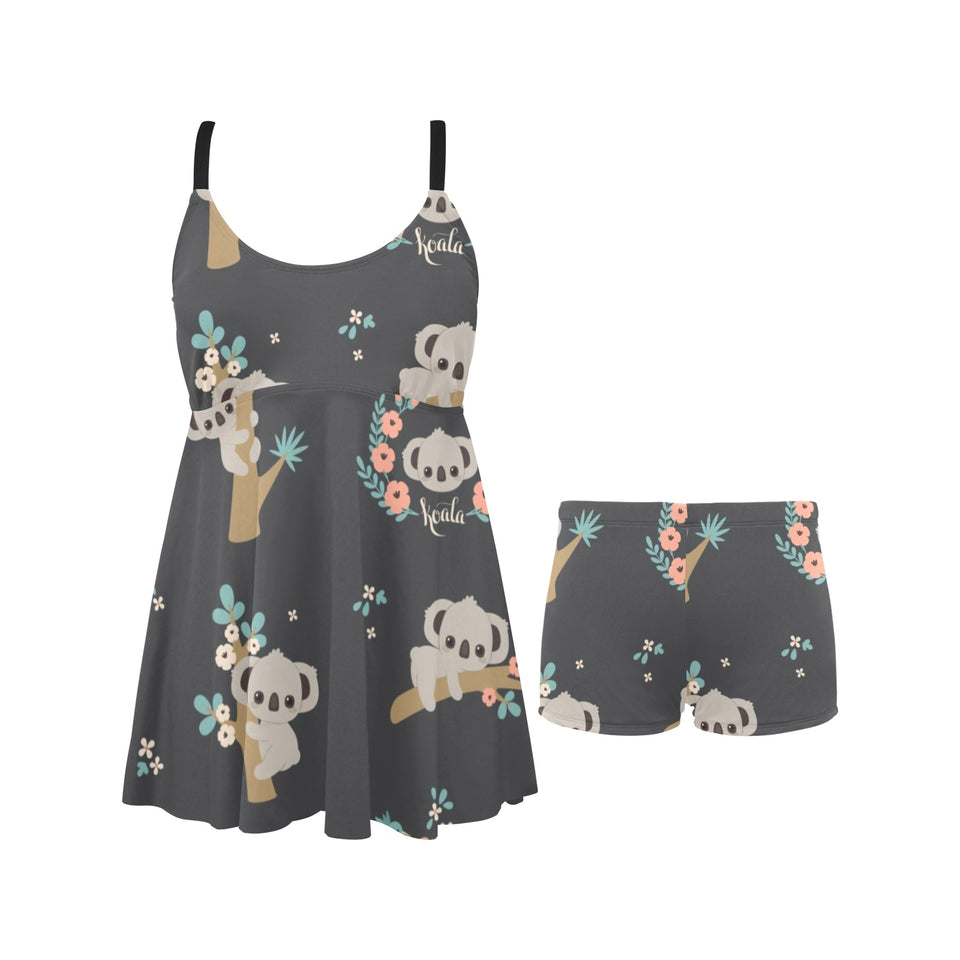 Cute koala pattern Chest Sexy Pleated Two Piece Swim Dress