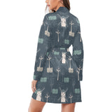 windmill tree pattern Women's Long Sleeve Belted Night Robe