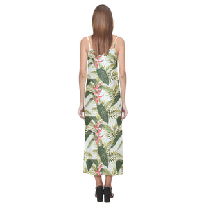 heliconia pattern V-Neck Open Fork Long Dress