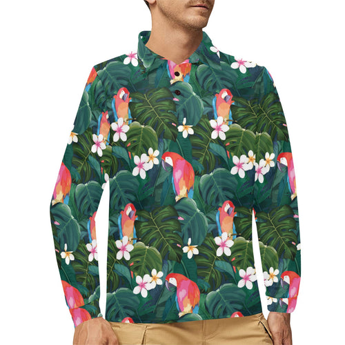Parrot Palm tree leaves flower hibiscus pattern Men's Long Sleeve Polo Shirt