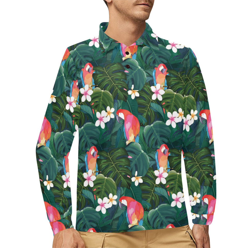 Parrot Palm tree leaves flower hibiscus pattern Men's Long Sleeve Polo Shirt