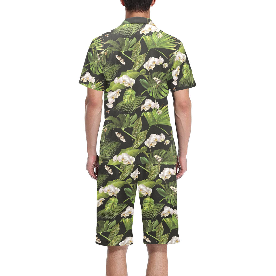 White orchid flower tropical leaves pattern blackg Men's V-Neck Short Pajama Set
