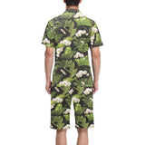 White orchid flower tropical leaves pattern blackg Men's V-Neck Short Pajama Set