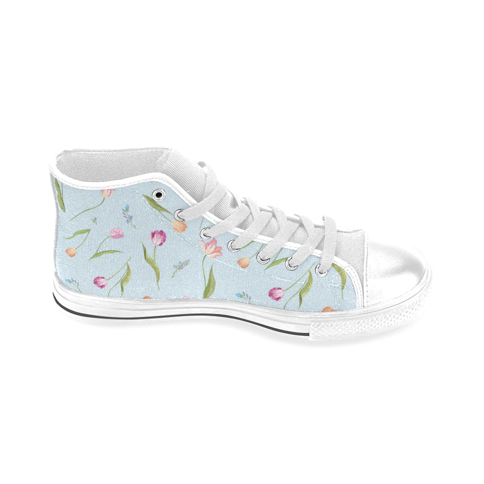 Watercolor Tulips pattern Men's High Top Canvas Shoes White